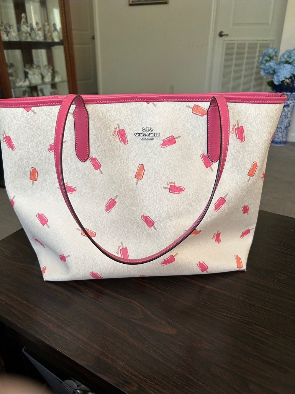 Coach White Tote with Pink & Coral Popsicle Print